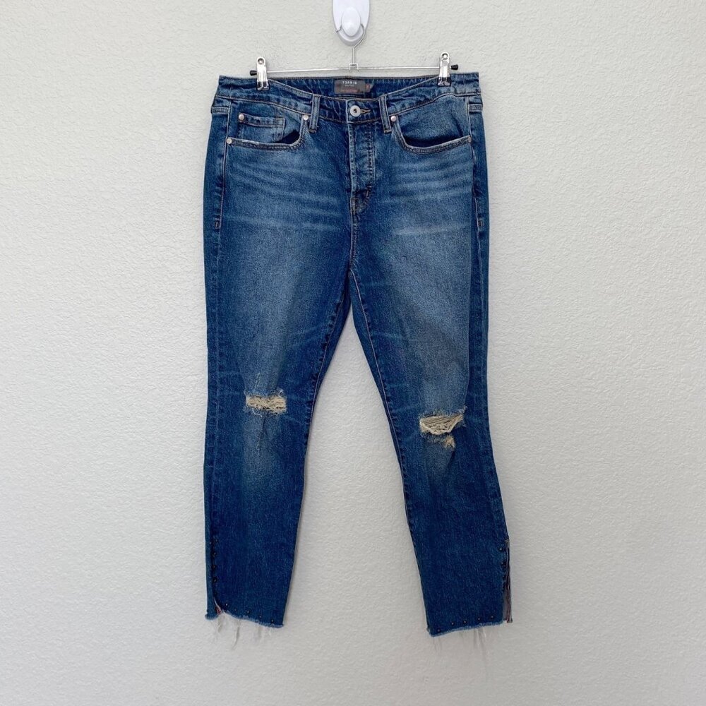 Torrid Dark Blue Distressed Straight Leg Jeans